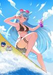  1girl adamski_s-rank_space aqua_hair bikini bikini_skirt black_bikini breasts character_print cleavage closed_mouth colored_eyelashes commentary_request cup deadzone_(duel_masters) drinking_straw duel_masters duel_masters_play's eyewear_on_head from_below highres holding holding_cup large_breasts long_hair musso94030629 navel outdoors red_eyes smile solo surfboard surfing swimsuit thigh_strap v v_over_eye very_long_hair vivi_(duel_masters_play's) 