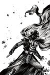  darth_vader energy_sword fighting_stance floating_cape greyscale hatching_(texture) helmet highres holding holding_weapon lightsaber looking_ahead monochrome official_art rubble shirahama_kamome simple_background star_wars sword third-party_source weapon white_background 