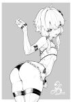  1girl ahoge ass ass_focus bad_anatomy bad_torso bare_shoulders black_panties commentary_request criss-cross_halter dress empire_waist flat_chest greyscale halter_dress halterneck huge_ass looking_at_viewer monochrome open_mouth panties shigure1213 short_hair_with_long_locks thick_thighs thighs underwear vocaloid voiceroid yuzuki_yukari 