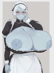  1girl absurdres alien apron breasts breasts_out colored_sclera colored_skin gigantic_breasts glasses grey_hair grey_skin hadago highres large_areolae maid maid_apron maid_headdress nipples red_eyes red_sclera round_eyewear solo t'au warhammer_40k 