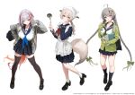  3girls ahoge ame_(uten_cancel) apron azur_lane black_sailor_collar black_shoes black_skirt black_socks black_thighhighs blue_eyes blue_neckerchief braid closed_mouth commentary_request evertsen_(azur_lane) floating_hair full_body green_jacket green_neckerchief grey_hair grey_jacket hand_on_own_hip hand_up highres i-404_(azur_lane) jacket kneehighs long_hair long_sleeves looking_at_viewer low_ponytail low_twin_braids low_twintails merchandise_available minase_(azur_lane) multicolored_hair multiple_girls neckerchief official_art one_eye_closed parted_lips pointy_ears ponytail purple_eyes red_neckerchief red_streaks sailor_collar school_uniform shirt shoes simple_background skirt smile socks standing streaked_hair tail thighhighs twin_braids twintails very_long_hair white_apron white_background white_shirt white_socks yellow_eyes zettai_ryouiki 