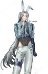  1boy alternate_costume animal_ear_hairband animal_ears aqua_shirt arm_at_side black_hair black_leotard blue_eyes blue_gloves blue_ribbon collared_shirt commentary_request copiki_017 covered_navel cropped_shirt cross-laced_clothes cross-laced_sleeves curtained_hair elbow_gloves fake_animal_ears feet_out_of_frame gloves gradient_hair grey_hair hair_ornament hairband hand_on_own_chin harness highleg highleg_leotard highres himetsuru_ichimonji_(touken_ranbu) leotard leotard_under_clothes long_hair long_sidelocks long_sleeves looking_at_viewer lowleg lowleg_pants male_focus male_playboy_bunny multicolored_hair neck_ribbon pants parted_bangs rabbit_ear_hairband rabbit_ears rabbit_hair_ornament ribbon shirt side_ponytail sidelocks sidelocks_tied_back simple_background single_glove single_sidelock solo standing stuffed_animal stuffed_rabbit stuffed_toy thigh_strap tongue tongue_out touken_ranbu twitter_username v very_long_hair white_background white_pants 