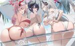  3girls ass ass_focus bad_anatomy bare_shoulders bikini black_hair blue_archive blue_eyes breasts brown_shirt chiaki_(blue_archive) chiaki_(swimsuit)_(blue_archive) commentary_request demon_girl demon_horns drink fishnet_top fishnets grey_hair hair_bun hair_ornament hair_scrunchie halo holding holding_drink horns houraku huge_breasts jewelry large_breasts long_hair makoto_(blue_archive) makoto_(swimsuit)_(blue_archive) multiple_girls multiple_rings ok_sign pink_halo pointy_ears ponytail red_eyes red_halo red_nails ring satsuki_(blue_archive) satsuki_(swimsuit)_(blue_archive) scrunchie shirt swimsuit underboob v very_long_hair white_bikini white_scrunchie yellow_scrunchie 