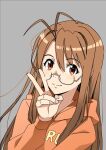  1girl akamatsu_ken antenna_hair brown_hair commentary_request glasses grey_background highres hood hoodie light_smile looking_at_viewer loose_hair_strand love_hina narusegawa_naru official_art orange_eyes orange_hoodie simple_background v 