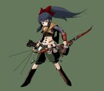  1girl arrow_(projectile) belt belt_buckle belt_pouch black_hair boots bow bow_(weapon) breasts brown_belt brown_boots brown_eyes buckle commentary_request full_body gloves green_background hair_bow high_ponytail highres hoku holding holding_arrow holding_bow_(weapon) holding_weapon legs_apart ponytail pouch quiver red_bow sekaiju_no_meikyuu sekaiju_no_meikyuu_4 simple_background single_glove small_breasts sniper_(sekaiju) sniper_2_(sekaiju) solo standing v-shaped_eyebrows weapon 