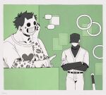  2boys add-on_(off) arm_tattoo baseball_bat baseball_cap belt belt_buckle blank_speech_bubble border buckle cat_mask collarbone commentary_request crew_neck crossed_arms elbow_on_table hand_on_own_face hat head_rest heart layered_clothes layered_sleeves long_sleeves male_focus mask multiple_boys no_eyes off_(game) pants poster_(object) print_shirt seikoo_caffeine shirt shirt_tucked_in short_hair short_over_long_sleeves short_sleeves speech_bubble standing tattoo the_batter_(off) turtleneck very_short_hair white_border window zacharie_(off) 