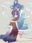  2girls 80isiiii alternate_costume blue_dress blue_eyes blue_hair brown_hat closed_mouth commentary_request dress drill_hair drill_sidelocks frilled_dress frills grey_pants hagoromo hair_ornament hair_rings hair_stick hat highres hug hug_from_side jiangshi kaku_seiga kneeling long_sleeves looking_at_viewer medium_hair miyako_yoshika multiple_girls ofuda open_clothes open_vest pants red_shirt shawl shirt sidelocks sitting smile thigh_strap touhou translation_request vest white_shawl white_vest wide_sleeves 