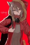  1girl arknights commentary fang fur-trimmed_hood fur_trim grey_shirt hair_ornament highres holding holding_knife hood hood_up hooded_jacket jacket knife long_sleeves looking_at_viewer mask mask_around_neck one-hour_drawing_challenge open_clothes open_jacket open_mouth p6ghh projekt_red_(arknights) red_background red_jacket shirt short_hair simple_background solo untranslatable_commentary upper_body v-shaped_eyebrows yellow_eyes 