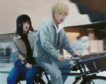  1boy 1girl bicycle black_hair black_shirt blonde_hair blue_pants blurry blush chainsaw_man commentary_request comrades:_almost_a_love_story couple denji_(chainsaw_man) depth_of_field hand_on_own_leg jacket long_hair mitaka_asa motion_blur nose_blush on_bicycle open_mouth pants photo-referenced sharp_teeth shirt short_hair teeth tongue yao_liao_wang 