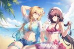  2girls aqua_bikini arm_up ayamekiki beach beret bikini bikini_skirt black_hair blonde_hair blue_sky braid braided_bangs breasts chinese_commentary chisa_(peach_parfait)_(wuthering_waves) chisa_(wuthering_waves) cleavage collarbone commentary_request day denim denim_shorts fruit_earrings hair_between_eyes hair_ornament hair_ribbon hairband hand_in_own_hair hat highres large_breasts long_hair looking_at_viewer lynae_(peppermint)_(wuthering_waves) lynae_(wuthering_waves) multiple_girls navel ocean open_fly outdoors parted_lips pink_bikini pink_ribbon plaid_bikini plaid_clothes playing_with_own_hair red_eyes ribbon see-through_clothes see-through_shirt shirt shore shorts skirt sky smile stomach swimsuit white_hairband white_hat white_shirt white_skirt wuthering_waves 