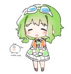  1girl blush chibi chibi_only closed_eyes commentary dot_nose dress frilled_dress frills full_body gloves goggles goggles_on_head green_dress green_hair gumi jacket open_clothes open_jacket open_mouth orange_jacket shoes short_hair sidelocks simple_background solo standing twitter_username vocaloid wandu_mook white_background white_gloves white_shoes 