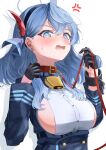  1girl ako_(blue_archive) bell blue_archive blue_eyes blue_hair blue_halo blush breasts commentary_request dress gloves hair_between_eyes hairband halo highres jewelry large_breasts long_hair looking_at_viewer miyako_0 neck_bell open_mouth sideboob simple_background solo white_background 