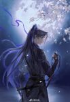  1boy absurdres belt black_belt black_hanfu blood blood_on_face blood_on_hand blood_on_weapon chinese_clothes chinese_commentary closed_mouth code:_kite commentary_request cowboy_shot curtained_hair expressionless falling_petals floating_ribbon flower from_behind fu_rong_(code:_kite) full_moon hair_ribbon hanfu high_ponytail highres holding holding_headband holding_sword holding_weapon layered_sleeves lips long_hair long_sleeves looking_at_viewer looking_back male_focus moon moon_reflection night petals ponytail purple_eyes purple_ribbon reflection reflective_liquid ribbon sayahime sheath short_over_long_sleeves short_sleeves single_arm_guard solo standing swept_bangs sword tree very_long_hair water watermark weapon weibo_watermark white_flower 