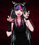  1girl arm_warmers black_arm_warmers black_hair black_nails blue_hair blue_streaks bright_pupils claw_pose collarbone commentary danganronpa_(series) danganronpa_2:_goodbye_despair english_commentary eyelashes face_piercing fangs fingernails hair_horns long_fingernails long_hair mioda_ibuki mouth_piercing multicolored_hair nail_polish open_mouth piercing pink_eyes pink_hair pink_streaks pointy_ears pollokima red_background sharp_fingernails single_arm_warmer sleeveless solo streaked_hair striped_arm_warmers teeth twitter_username upper_teeth_only v-shaped_eyebrows vampire white_hair white_pupils 