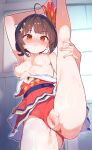  1girl absurdres anus bare_legs blush breasts brown_eyes brown_hair censored clothing_aside commentary_request dress from_below frown gradient_eyes grow_up_show:_himawari_no_circus-dan hair_ornament highres leg_up looking_at_viewer mosaic_censoring multicolored_eyes nipples orange_eyes pussy pussy_juice red_dress short_hair solo sparkle split standing standing_on_one_leg standing_split star_(symbol) star_hair_ornament sutora_binsuke tsurumaki_mizuka yellow_eyes 
