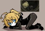  1girl ahoge akableak all_fours ass black_boots black_gloves blonde_hair blue_eyes boots commentary english_commentary full_body gloves hair_between_eyes highres long_hair long_sleeves looking_at_viewer military military_uniform ponytail scene_reference simple_background smile solo tanya_degurechaff youjo_senki 