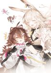  2girls :d ^^^ absurdres ahoge angelina_(arknights) animal_ear_fluff animal_ears arknights black_gloves brown_hair chinese_commentary closed_eyes commentary_request doodle_inset fang freckles gloves grey_eyes hair_between_eyes hand_on_another's_shoulder highres jacinta_(arknights) long_hair long_sleeves looking_at_another multiple_girls open_mouth rabbit_ears rabbit_girl raccoon_ears raccoon_girl sancai_zhenbai smile surprised sweatdrop tearing_up thick_eyebrows thumpy_(arknights) timeslot_(arknights) upper_body white_background white_hair 