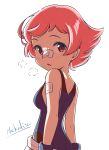  1girl absurdres asuka_(pixiv82529874) bandaid bandaid_on_face bandaid_on_nose blue_bodysuit blue_gloves bodysuit breath brown_eyes commentary_request gloves highres looking_at_viewer looking_to_the_side maylene_(pokemon) open_mouth pants pink_hair pokemon pokemon_diamond/pearl/platinum short_hair signature solo white_background 