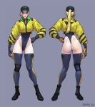  1girl 2024 alternate_costume artist_name ass asymmetrical_bangs bare_hips baseball_cap black_boots black_hat black_leotard blonde_hair blue_eyes boots cammy_white camouflage camouflage_jacket capcom commentary covered_navel crop_top english_commentary facing_away facing_viewer fingerless_gloves fingernails full_body gloves grey_background hand_on_own_hip hat highleg highres jacket jiggeh leotard looking_at_viewer multicolored_thighhighs nose parted_lips ponytail scar scar_on_cheek scar_on_face solo standing street_fighter thigh_gap thighhighs two-tone_thighhighs yellow_jacket zipper 