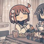  2girls :t ahoge air_conditioner black_eyes black_hair blush_stickers bowl brown_hair cardigan chopsticks closed_eyes closed_mouth commentary_request curtains eating flower futami_ya hair_flower hair_ornament hairclip highres holding holding_bowl holding_chopsticks indoors long_sleeves multiple_girls original outline parallel_hairclips short_hair sidelocks smile sparkle table upper_body white_cardigan white_outline 