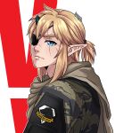  1boy absurdres armor artist_name blonde_hair blue_eyes closed_mouth commentary cosplay elf eyepatch gloves hair_between_eyes highres jacket korzynka_persykiv link long_hair long_sleeves looking_at_viewer looking_to_the_side male_focus metal_gear_(series) metal_gear_solid_v:_the_phantom_pain military military_uniform pointy_ears scarf solo the_legend_of_zelda the_legend_of_zelda:_breath_of_the_wild upper_body venom_snake venom_snake_(cosplay) white_background 