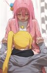  2girls absurdres ahoge ahoge_wag blonde_hair blush bocchi_the_rock! braid braided_base closed_eyes commentary cube_hair_ornament expressive_hair gotoh_hitori hair_ornament highres holding_hands ijichi_nijika implied_fellatio implied_futanari jacket jewelry long_hair multiple_girls one_side_up open_clothes open_jacket open_mouth pink_hair pink_jacket ring seisyuntarotto side_ponytail side_ponytail_with_braided_base signature track_jacket twitter_username 