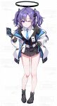  1girl ;) belt black_boots black_gloves black_halo black_jacket black_skirt blue_archive blue_eyes blue_necktie boots breasts canian closed_mouth collared_shirt commentary commission dress_shirt english_commentary full_body gloves hair_between_eyes hair_ornament half_gloves halo hand_on_own_hip hand_up highres holding id_card jacket jacket_partially_removed large_breasts leaning_forward long_hair long_sleeves looking_at_viewer mechanical_halo millennium_science_school_logo miniskirt necktie one_eye_closed open_clothes open_jacket pink_pupils pleated_skirt puffy_long_sleeves puffy_sleeves purple_hair school_uniform shirt sidelocks simple_background skirt smile solo split_mouth standing suit_jacket triangle_hair_ornament two_side_up watermark white_background white_belt white_jacket white_shirt yuuka_(blue_archive) 