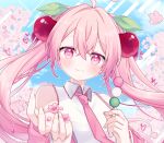  1girl absurdres ahoge blush breasts cherry_blossoms cherry_hair_ornament closed_mouth collared_shirt commentary_request dango food food-themed_hair_ornament hair_between_eyes hair_ornament hatsune_miku highres holding holding_food long_hair looking_at_viewer medium_breasts necktie oosaka_rei pink_eyes pink_hair pink_nails pink_necktie pink_sleeves sakura_miku sanshoku_dango shirt sleeveless sleeveless_shirt solo sweat twitter_username upper_body very_long_hair vocaloid wagashi white_shirt 