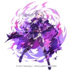  1girl aura battle_damage belt black_boots black_cape black_corset black_gloves black_pantyhose black_wings boots breasts cape cleavage commentary_request corset damaged dark_aura dark_persona dress female_robin_(fire_emblem) female_robin_(grima)_(fire_emblem) female_robin_(grima)_(resplendent)_(fire_emblem) fire_emblem fire_emblem_awakening fire_emblem_heroes gloves kyusoukyu long_hair long_sleeves medium_breasts official_alternate_costume official_art pantyhose parted_lips possessed purple_dress red_belt red_eyes simple_background solo torn_clothes torn_pantyhose twintails white_hair wings 