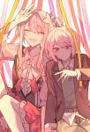  2others absurdres aged_down akiyama_mizuki akiyama_mizuki_(middle_school) arm_up black_jacket blazer blush brown_pants collared_shirt commentary_request crying dual_persona facing_viewer flower grey_vest hair_between_eyes hair_flower hair_ornament hand_on_own_head hand_up highres jacket lapels long_sidelocks long_sleeves multiple_others neck_ribbon notched_lapels official_alternate_costume open_mouth pants parted_bangs pink_eyes project_sekai red_ribbon red_skirt ribbon serien shirt short_hair side_ponytail sidelocks sitting skirt smile streamers swept_bangs tears teeth time_paradox vest w white_background white_ribbon white_shirt 