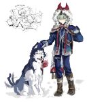  1boy alyosha_(genshin_impact) animal animal_ear_fluff animal_ears animal_nose black_fur black_shirt blue_jacket blue_pants blush boots brown_boots cape closed_eyes closed_mouth dog dog_ears dog_tail fake_animal_ears freckles full_body fur-trimmed_boots fur-trimmed_cape fur_trim genshin_impact gloves green_hair gun hair_between_eyes hand_up highres holding holding_gun holding_weapon hood hooded_cape husky jacket long_sleeves looking_at_animal looking_down male_focus multiple_views on_bed outdoors pants pet petting pillow pocket pogademo_(pompo5_mo) purple_gloves red_ribbon ribbon rifle shirt short_hair simple_background sleeping smile sniper_rifle snow standing tail tail_wagging tassel thigh_strap tongue tongue_out turtleneck turtleneck_shirt two-tone_fur weapon white_background white_cape white_fur winter yellow_eyes 