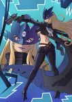  1girl abstract_background beelstarmon belt black_coat black_pants blonde_hair blue_mask breasts butt_crack coat crop_top cropped_vest dekura derringer digimon digimon_(creature) eye_mask from_behind full_body gloves grin gun handgun high_heels holding holding_gun holding_weapon jacket large_breasts leather leather_jacket leather_pants long_hair looking_at_viewer looking_back mask multiple-barrel_gun multiple_views pants purple_eyes purple_lips smile third_eye tight_clothes tight_pants torn_clothes twitter_username underboob vest weapon 