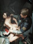  1girl 2boys 3d ass ass_focus breasts brown_hair claire_redfield clothed_male_nude_female commentary completely_nude english_commentary erection gun hetero highres holding_another's_hair leon_s._kennedy long_hair medium_breasts mr._x_(resident_evil) multiple_boys nipples nude penis playfair3d police police_badge police_uniform ponytail red_nails resident_evil resident_evil_2 resident_evil_2_(remake) revolver sex sex_from_behind thighs weapon 