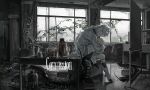  1boy bottle bug centipede coat commentary commission highres hugging_own_leg indoors knee_up male_focus muted_colors open_clothes open_coat original plant scenery short_hair si_tou socks solo tile_floor tiles vines white_coat white_hair white_socks whiteboard window_light 