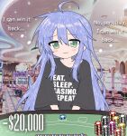  1girl :3 ahoge black_shirt blue_hair blush casino closed_mouth clothes_writing collarbone commentary dot_nose english_commentary english_text eternalsoulrape green_eyes highres indoors izumi_konata long_hair looking_at_viewer lucky_star meme nervous photo_background poker_chip raised_inner_eyebrows shirt smile solo sweat sweatdrop upper_body v_arms very_long_hair worried 