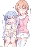  2girls :d :o ^_^ absurdres alternate_costume blue_eyes blue_hair blue_ribbon blush braiding_another's_hair braiding_hair chestnut_mouth closed_eyes commentary_request flower flower_pin gochuumon_wa_usagi_desu_ka? hair_flower hair_ornament hairclip hairdressing heart highres hoto_cocoa hoto_cocoa's_school_uniform kafuu_chino knees long_hair low_twintails matching_hairstyle medium_hair multiple_girls orange_hair pantyhose parallel_hairclips pink_flower pink_ribbon pink_shirt pink_vest rabi_shukensei ribbon sailor_collar sailor_shirt school_uniform shirt simple_background skirt smile sweatdrop translation_request twintails tying_hair vest white_background white_pantyhose white_sailor_collar white_skirt winter_uniform x_hair_ornament yuri zettai_ryouiki 