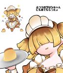 1girl 33mirencho apron blonde_hair blunt_bangs bow bowtie breasts brown_bow brown_bowtie cleavage commentary_request dress food frilled_apron frills hair_over_eyes headdress highres holding holding_tray large_breasts long_sleeves maid maid_apron maid_headdress medium_hair multiple_views open_mouth personification plate pudding puffy_short_sleeves puffy_sleeves rhythm_tengoku rhythm_tengoku_miracle_stars short_hair short_sleeves short_twintails simple_background smile tray twintails two_side_up white_apron white_background wrist_cuffs yellow_dress 