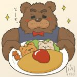  2023 anthro apron bear blush bow_tie brown_body clothing eyes_closed food goyemon_k kemono kumalino male mammal roast_(kumalino) sanrio solo 