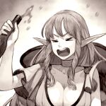  >_< 1girl alcohol antelise_antik blush bottle breasts cleavage closed_eyes collarbone commentary_request cropped dress drill_hair drill_sidelocks elf emphasis_lines full_cleavage grey_background greyscale hand_up highres holding holding_bottle isekai_mokushiroku_mynoghra jewelry jun_(navigavi) large_breasts long_hair monochrome motion_blur neck_ring nose novel_illustration official_art open_mouth pen pointy_ears short_sleeves sidelocks solo spilling teeth upper_body upper_teeth_only 