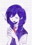  1girl adversarial_noise alternate_hairstyle artist_name blush braid closed_eyes collared_shirt colored_skin commentary_request low_twin_braids mari_(headspace)_(omori) mari_(omori) neckerchief omori open_mouth purple_hair purple_sweater_vest red_neckerchief shirt short_sleeves simple_background smile solo suzuki_jagaimo sweater_vest teeth twin_braids twitter_username upper_teeth_only white_background white_shirt white_skin 