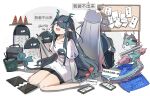  1boy 1girl absurdres alternate_costume arknights back-to-back bag baiyuyi bitey_(arknights) black_hair black_shorts blueprint_(object) broken brother_and_sister bucket cellphone chinese_commentary chinese_text closed_eyes colored_extremities commentary_request dated dragon dragon_boy dragon_girl dragon_horns dragon_tail drawing_tablet dusk_(arknights) earrings eastern_dragon_horns full_body hair_over_one_eye hard_hat helmet highres horns jewelry little_ba'jie_(arknights) long_hair multicolored_hair open_mouth paper phone pointy_ears print_shirt shirt shorts siblings sitting smartphone speech_bubble t-shirt tail tears translation_request white_background white_shirt yi_(arknights) 