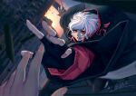  2girls black_gloves black_jacket black_pants building chinese_commentary clenched_teeth commentary_request cytus cytus_ii falling fingerless_gloves gloves highres hood hooded_jacket horned_hood horns ivy_(cytus) jacket long_sleeves multiple_girls pants pov pov_hands reaching reaching_towards_viewer red_eyes red_horns red_nails red_trim signature teeth trove white_hair 