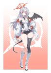  1girl absurdres alternate_costume black_shorts black_tail black_wings blue_archive boots braid breasts cleavage_cutout clothing_cutout commentary_request demon_tail demon_wings dotted_background full_body gourmet_research_society_(blue_archive) grey_hair halo hand_on_own_hip haruna_(blue_archive) highres hr.r jacket knee_boots large_breasts leotard long_hair looking_at_viewer multicolored_leotard necktie open_clothes open_jacket piercing race_queen red_eyes red_halo shoes short_necktie short_shorts shorts side_braid single_thighhigh single_wing smile solo tail thighhighs two-tone_leotard white_boots white_jacket white_shoes wing_piercing wings 