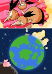  beak bird clefairy cocoro_the_c commentary_request dodo_(bird) dodrio earth_(planet) highres moon multiple_heads no_humans open_mouth planet pokemon pokemon_(creature) pokemon_focus running 