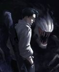  1boy absurdres black_eyes black_hair closed_mouth cursed_spirit_(jujutsu_kaisen) highres jujutsu_kaisen jujutsu_tech_uniform mon_(icebuko) okkotsu_yuta orimoto_rika short_hair 