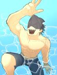  1boy abs artist_request beam_(chainsaw_man) chainsaw_man male_focus muscular muscular_male non-web_source sharp_teeth smile source_request tagme teeth water wet 