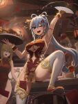  2girls alternate_costume alternate_hairstyle aqua_(konosuba) arm_strap arm_up armpits artist_name ass_visible_through_thighs blonde_hair blue_eyes blue_hair blurry blurry_background breasts chinese_clothes cleavage cleavage_cutout clothing_cutout commentary darkness_(konosuba) dress dust_(konosuba) english_commentary food from_below hair_ornament hair_rings hand_fan highres holding holding_fan holding_plate indoors knee_up kono_subarashii_sekai_ni_shukufuku_wo! long_hair looking_at_another looking_at_viewer low-tied_long_hair mixed-language_commentary multiple_girls navel navel_cutout no_panties ola_(bunnyfly) one_eye_closed open_mouth pelvic_curtain plate qipao red_dress red_shoes shoes sideless_dress sleeveless sleeveless_dress smile solo_focus sphere_hair_ornament splashing standing stepping_on_object stool thighhighs thighs turkey_(food) water white_thighhighs wooden_ceiling wooden_stool x_hair_ornament 