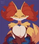  2023 anthro breast_play breasts delphox digital_media_(artwork) duo eyes_closed faceless_character faceless_male female fingers front_view generation_4_pokemon generation_6_pokemon genitals hi_res honeycalamari humanoid_genitalia humanoid_penis lucario male male/female nintendo penis pokemon pokemon_(species) sex simple_background solo_focus titfuck 