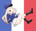  1girl :d absurdres bc_freedom_military_uniform blonde_hair blue_hat blush cake drill_hair flag_background food food_on_face fork french_flag girls_und_panzer green_eyes hat highres holding holding_fork holding_plate kepi long_hair marie_(girls_und_panzer) military_hat one_eye_closed pepsi2330 plate pleated_skirt skirt smile strawberry_shortcake white_skirt 
