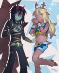  1girl 1other angel's_friends animal_ears animal_feet antlers blonde_hair blue_eyes blue_hair blue_nails blue_pants blue_shorts blue_skin brown_fur chayy228 choker colored_skin commentary cosplay crop_top deer_antlers deer_ears deer_girl deer_tail deltarune demon_horns furry furry_female grid_teeth highres horns kris_(deltarune) looking_at_viewer midriff multicolored_hair navel noelle_holiday one_eye_closed own_hands_together pants raf_(angel's_friends) raf_(angel's_friends)_(cosplay) red_eyes red_nails red_nose red_streaks russian_commentary shorts skull_belt smile sparkle spiked_choker spikes standing standing_on_one_leg star_(symbol) streaked_hair sulfus_(angel's_friends) sulfus_(angel's_friends)_(cosplay) tail twitter_username unusually_open_eyes utdr_(toby_fox) wristband 